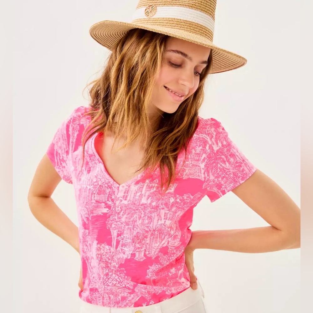 EUC Lilly Pulitzer Etta V-Neck Top Roxie Pink Pb Anniversary Toile - Picture 3 of 8